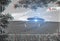 UFO, alien and camera viewfinder with a spaceship flying in the sky over area 51 for an invasion. Camcorder, spacecraft