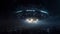 UFO an alien plate hovering over the field in the air. Unidentified flying object. AI Generative