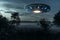 UFO, an alien plate hovering over the field, hovering motionless in the air. Unidentified flying object, alien invasion,