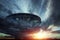 UFO, an alien plate soars in the sky, hovering motionless in the air. Unidentified flying object, alien invasion, extraterrestrial