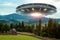 UFO, an alien saucer hovering above the field in the clouds, hovering motionless in the sky. Unidentified flying object, alien