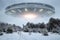 UFO, alien saucer hovering over the winter landscape in the sky. Unidentified flying object, alien invasion, extraterrestrial life