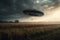 UFO, alien spacecraft hovered over the field and farm. realistic illustration