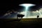 UFO, alien spacecraft hovered over the field and farm. realistic illustration