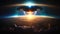 Ufo and aliens invasion concept with alien spaceship above the earth, created with Generative AI technology