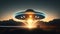 Ufo and aliens invasion concept with alien spaceship landing, created with Generative AI technology