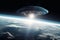 UFO approaching Earth from space, with a sense of mystery and intrigue. Alien encounter concept. Ai generated