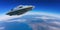 UFO on blue sky background over planet earth. 3d illustration