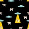 Ufo and cow pattern seamless. Alien flying saucer and cows background. Concept of extraterrestrial civilizations and Experiments