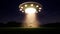 Ufo cow in retro style on light background. Country landscape. Alien space ship. Ufo flying spaceship abduction. Village