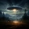 A UFO flies over a night village in the mountains. Alien flying saucer. Interplanetary transport of the future