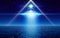 UFO or flying saucer with bright spotlight fly above sea, alien civilization spaceship in night sky with bright stars