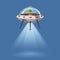 Ufo flying spaceship with alien, isolated on blue background, rays light, cartoon style, vector illustration. Concept