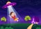 UFO Flying Spaceship with Flying Saucer Over the City Sky Abducts Human or Animals in Flat Cartoon Illustration