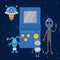 UFO game cartoon characters and spaceships with game gadget vector illustration. Fantastic rockets, ufo and alient