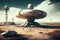 ufo, hovering above landing pad at cosmodrome, with other strange and mysterious aircraft nearby