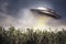 UFO hovering over a crop field