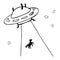 UFO kidnaps an animal. Doodle style spaceship. Hand drawing. Vector illustration