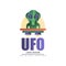 Ufo logo original design, label with alien and saucer vector Illustration on a white background