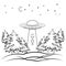 UFO. Outline flying spaceship with alien. UFO in night sky inside black forest in outline style. Flying saucer. Alien space ship,