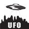 UFO over city silhouette, alien space ship, extraterrestrial flying saucer, ufo disk