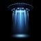 UFO. Realistic alien spaceship with light beam. Futuristic Sci-fi unidentified spacecraft. 3D flying saucer and