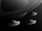 UFO in Saturn orbit. Spaceships in space. Retro style with shades of gray. Black and white space landscape. Vector