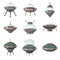 UFO set, alien spaceships, cartoon style, isolated, vector, illustration