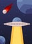 UFO in space - flat cartoon poster with alien spaceship with light beam