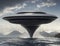 UFO, spaceship flies out of the water, splashes, waves, wind.