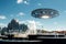 UFO spaceship in the sky. Extraterrestrial life, aliens