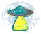 UFO spaceship with splashes in watercolor style. Unidentified flying object with light beam. Design concept for tattoo, banner, ca