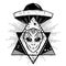 UFO tattoo art and t-shirt design. Invasion of aliens. Mystical symbol paranormal phenomena, first contact