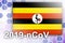 Uganda flag and futuristic digital abstract composition with 2019-nCoV inscription. Covid-19 outbreak concept