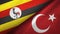 Uganda and Turkey two flags textile cloth, fabric texture