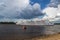 Uglich. Cruise ship on the Volga. Before a storm