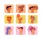 Ugly avtars set. Elongated funny skewed vector faces with hairstyles.