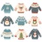 Ugly christmas sweaters. Cartoon cute wool jumper. Knitted winter holidays sweater with funny snowman, Santa and Xmas