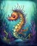 Ugly but cute cartoon sea monster, water color childrens illustration in bright colors