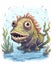 Ugly but cute cartoon sea monster, water color childrens illustration in bright colors