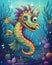 Ugly but cute cartoon sea monster, water color childrens illustration in bright colors