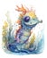 Ugly but cute cartoon sea monster, water color childrens illustration in bright colors