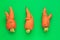 Ugly food. Deformed organic carrots on pastel background in green and orange duoton