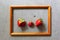 Ugly food. Organic homegrown strawberries in wooden frame on gray cement background. Strange funny imperfect fruits and vegetables