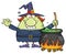 Ugly Halloween Witch Cartoon Mascot Character Preparing A Potion In A Cauldron.