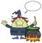 Ugly Halloween Witch Cartoon Mascot Character Preparing A Potion In A Cauldron With Blank Speech Bubble