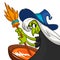 Ugly Halloween Witch Preparing A Potion. Vector illustration of a cartoon witch stirring her spooky brew