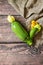Ugly organic twisted zucchini on wooden table. Copy space. Top view flat lay background. Copy space