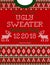 Ugly sweater Christmas party invite. Knitted background pattern scandinavian ornaments.