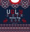 Ugly sweater Christmas party invite. Knitted background pattern scandinavian ornaments.